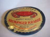 Etikett FINESTE STUET BREMANGER KRABBE, fra TORVANGER PRESERVING, Bremanger. 40 tallet