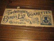 Reklamesak fra Christianiatida, Tiedemanns BIRDS EYE CIGARETTES, ca 18*8 cm stort. En godbit for den rette samler.