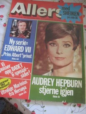 1975,nr 040, ALLERS. AUDREY HEPBURN. 4 SIDER MED BILD OG TEKST.