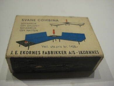 Fyrstikkeske uten innhold, reklame for SVANE COMBINA, fra EKORNES FABRIKKER. 60 tallet.