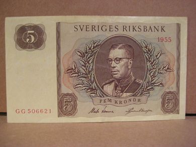 1955, 5 KRONOR, GG 506621, pen seddel