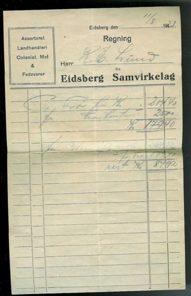 Faktura fra Eidsberg Samvirkelag i 1923. (11/8)