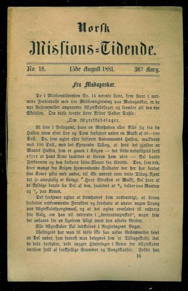 1881,nr 016,                     Norsk Missions Tidende.