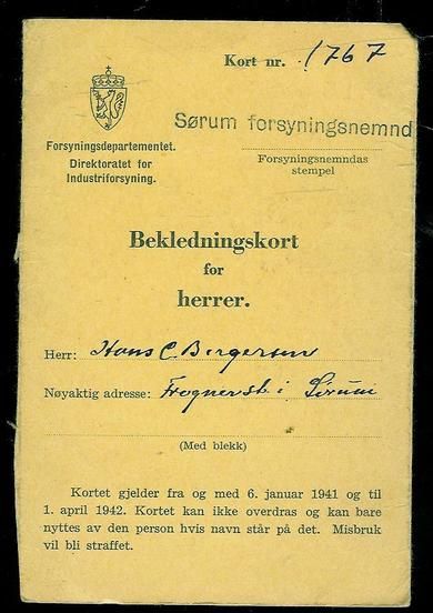 Bekledningskort for herrer. Fra 6. januar 1941 til 1. april 1942.