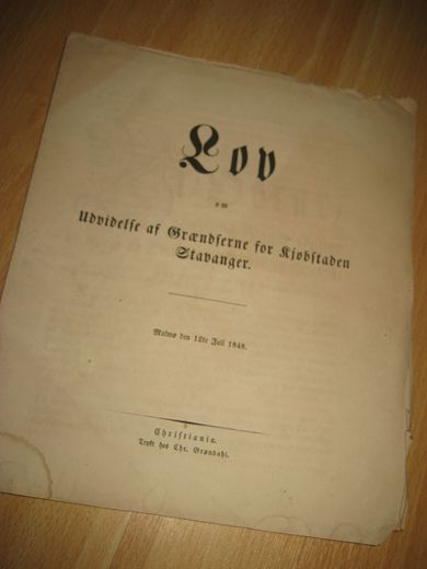 1848, Lov om Udvidelse af Grændserne for Kjøbstaden Stavanger.