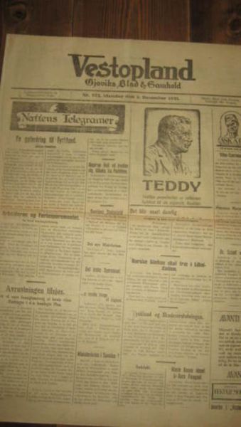 1921,nr 272, Vestopland. TEDDY reklame på forsida.