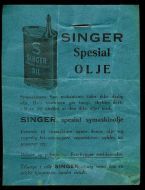 Reklamesak for SINGER SPESIAL OLJE. Blå