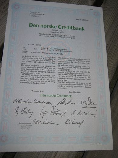 1985, DEN NORSKE CREDITBANK. NR. 1008440.