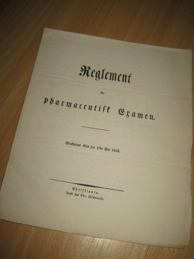 1860, Reglement for pharmaseutisk Examen.