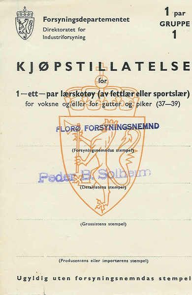 KJØPETILLATELSE fra 1944. Forsyningsnemnda i Florø / Peder B. Solheim