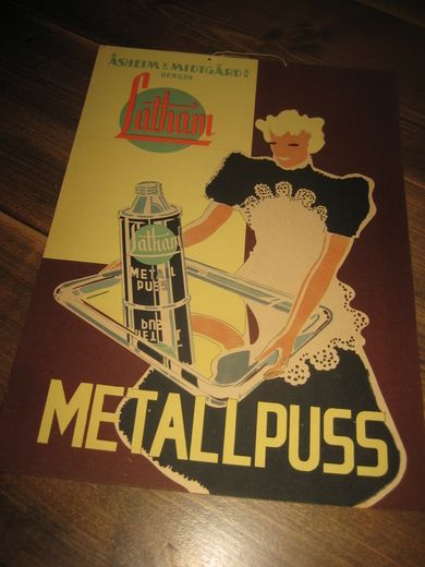 Strøken reklameplakat i papp, fra ÅSHEIM & MIDTGÅRD, BERGEN. METALLPUSS, 50-60 tallet. 