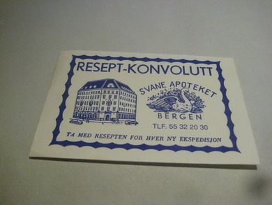 RESEPT KONVOLUTT fra SVANE APOTEKET, BERGEN, 