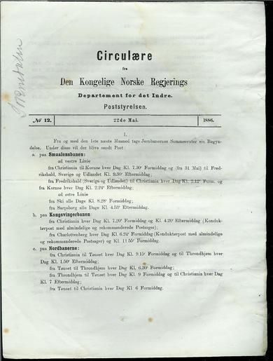 1886,nr 012, Circulære fra Den Kongelige Norske Regjerings Departement for det Indre. Poststyrelsen.