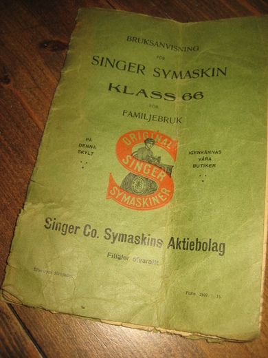 BRUKSANVISNING FOR SINGER SYMASKIN FØR FAMILIEBRUK, 1915. 