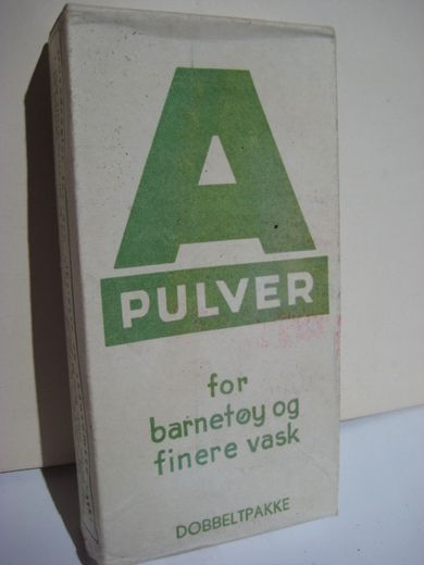 Pakke uten innhold, A PULVER for barnetøy og finnere vask. 40 tallet.