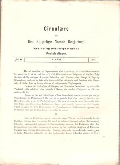 1885,nr 011, Cirkulære fra Den Kongelige Norske Regjerings Marine- og Post- Departement.