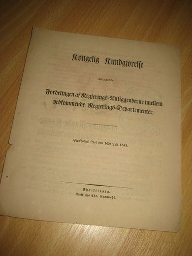 1845, Kongelig Kundgjørelse angaaende Fordelingen af Regjerings andliggenderne imellem vedkommende Regjerings Departementer.