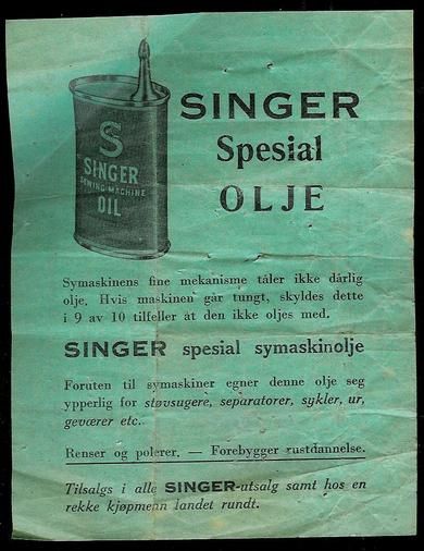 Reklamesak for SINGER SPESIAL OLJE.