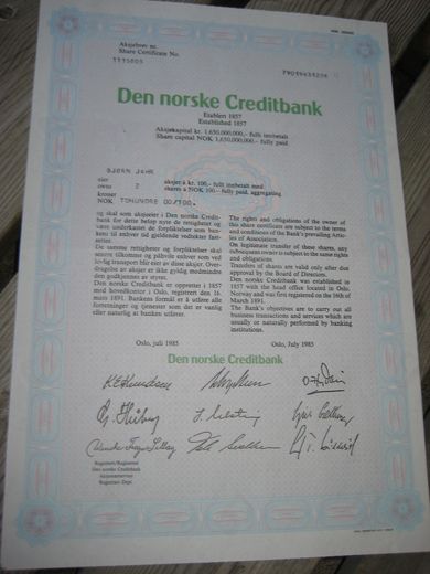 1985, DEN NORSKE CREDITBANK. NR. 1115805.