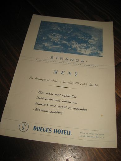 Meny fra DREGES HOTELL, STRANDA, 1952. 