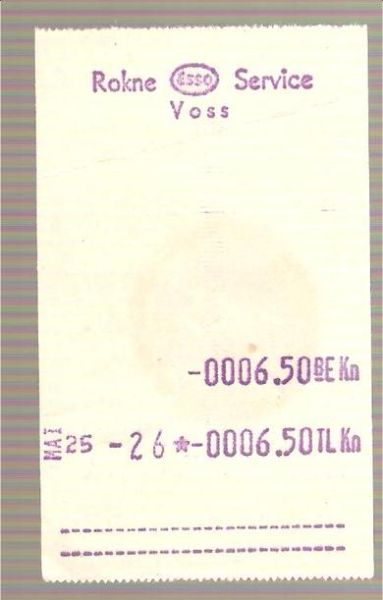 1960, 25. mai, kvitering fra ESSO, ROKNE SERVICE, VOSS.