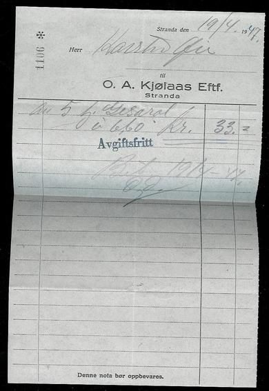 Faktura fra O.A. KJØLÅS EFTF., Stranda, 19.4.1947