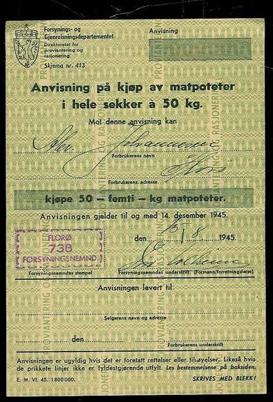 Anvisning på kjøp av matpoteter i hele sekker a 50 kg, 1945,  FLORØ Forsyningsnemnd, 15/8 1945.