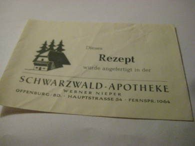 Tysk rezept konvolutt fra gamle dager, SCHWARZWALD APOTHEKE, OFFENBURG