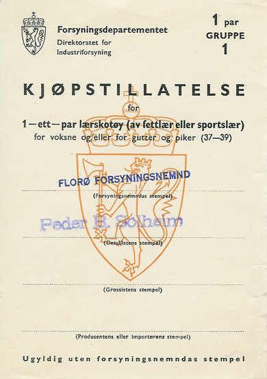 KJØPETILLATELSE fra 1944. Forsyningsnemnda i Florø / Peder B. Solheim