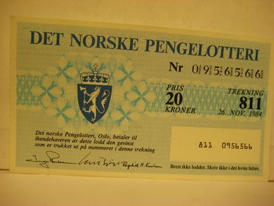 1984, trekning 811,                  DET NORSKE PENGELOTTERI.            Nr. 0956566.