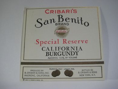 San Benito BRAND. CALIFORNIA BURGUNDY. 1933.