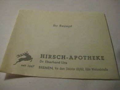 Tysk rezept konvolutt fra gamle dager, HIRSCH APOTHEKE, BREMEN