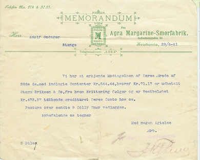 Memorandum fra Agra Margarine- Smørfabrik, Kristiania, 29/4  1901.