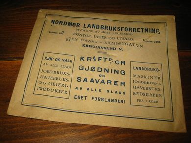 Reklamekonvolutt fra NORDMØR LANDBRUKSFORRETNING, KRISTIANSUND. 40-50 tallet.