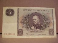 1959, 5 KRONOR, OB 028804, pen seddel med bretter.