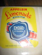 Strøken etikett fra Emdals Mineralvannfabrikk, Stranda:  APPELSIN Limonade.  60- 70 tallet.