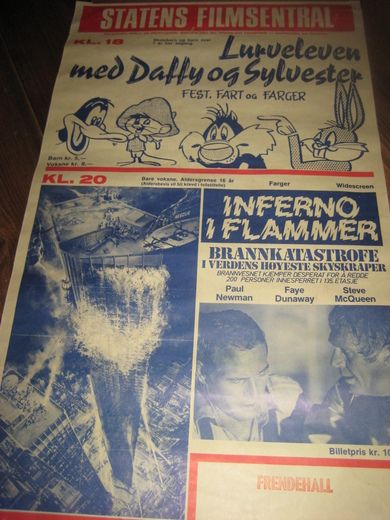 Filmplakat fra STATENS FILMSENTRAL,  LURVELEVEN MED DAFFY OG SYLVESTER, INFERNO I FLAMMER. 