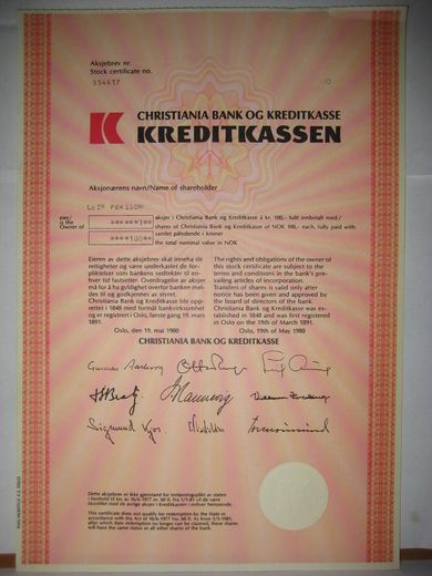 KREDITKASSA,  1 stk. aksjer, 1980, aksjebrev nr.  554417