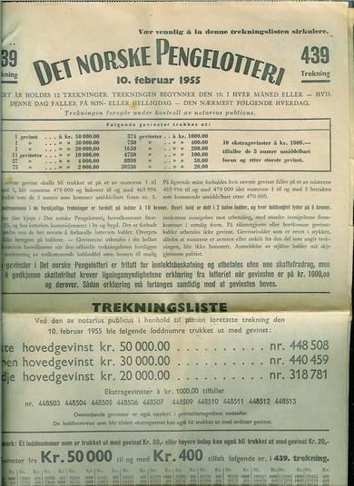 1955, trekning nr 439, DET NORSKE PENGELOTTERI