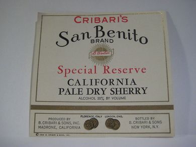 San Benito BRAND. CALIFORNIA PALE DRY SHERRY. 1933.