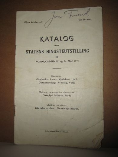 1939, KATALOG OVER STATENS HINGSTUTSTILLING PÅ NORDFJORDEID 23. OG 24. MAI 1939.