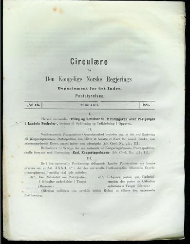 1886,nr 016, Circulære fra Den Kongelige Norske Regjerings Departement for det Indre. Poststyrelsen.