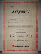 KREDITKASSA,  3 stk. aksjer, 1977, aksjebrev nr. 97558