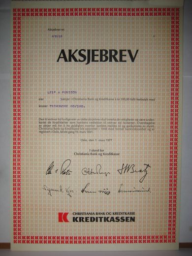 KREDITKASSA,  3 stk. aksjer, 1977, aksjebrev nr.  97558