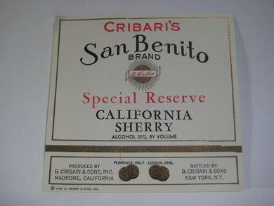 San Benito BRAND. CALIFORNIA SHERRY. 1933.