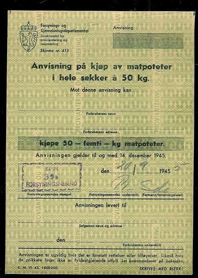 Anvisning på kjøp av matpoteter i hele sekker a 50 kg, 1945,  KINN Forsyningsnemnd, 20/9  1945.