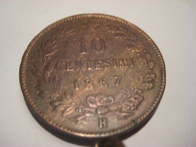 10 CENTIMES 1867. Med tillaga oppheng.