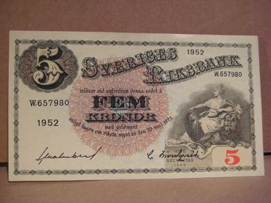 1952, 5 KRONOR, strøken seddel