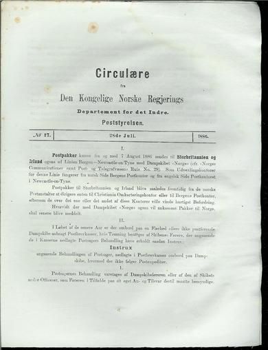 1886,nr 017, Circulære fra Den Kongelige Norske Regjerings Departement for det Indre. Poststyrelsen.