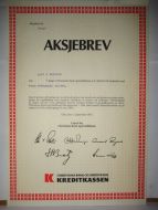 KREDITKASSA,  5 stk. aksjer, 1975, aksjebrev nr. 79427